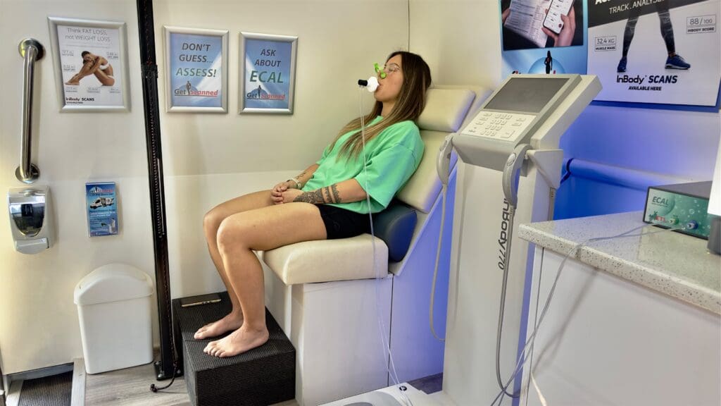 Woman Having a Medical Grade ECAL Metabolic Assessment With Get Scanned in The Scan-Van