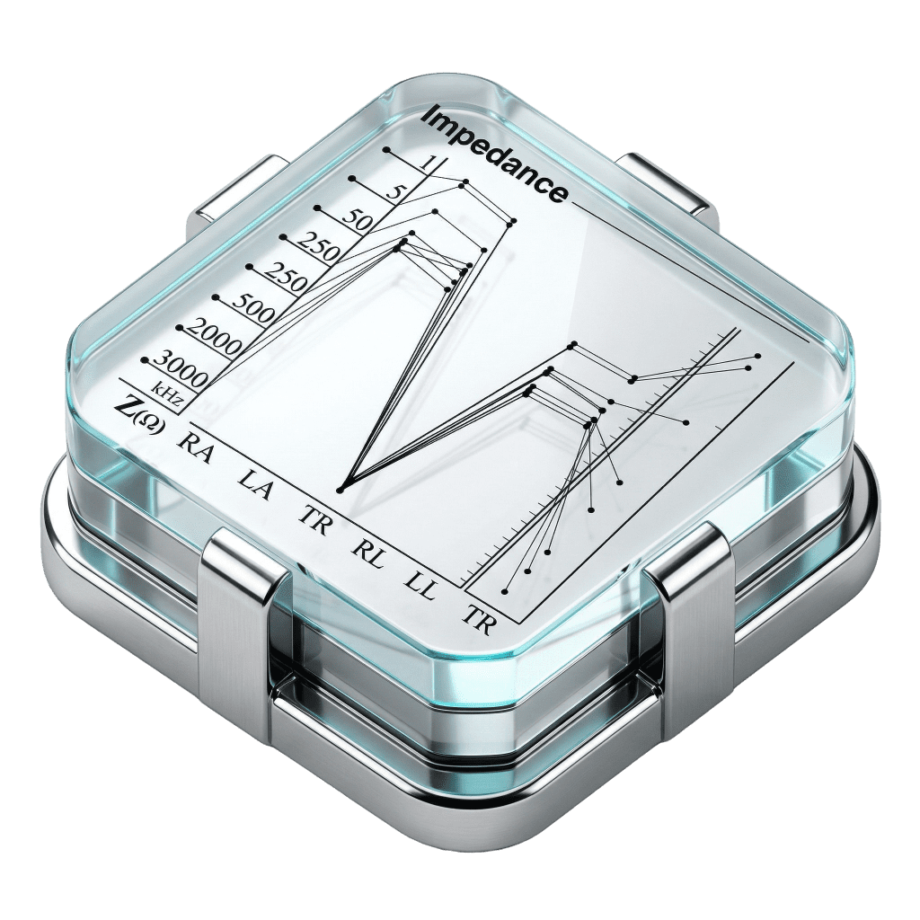 3D icon of a digital frequency spectrum analyser with eight bars representing the InBody 970 eight-frequency impedance measurement range