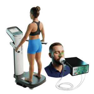 3D rendered icon of InBody 970 body composition scanner and ECAL metabolic testing device being used