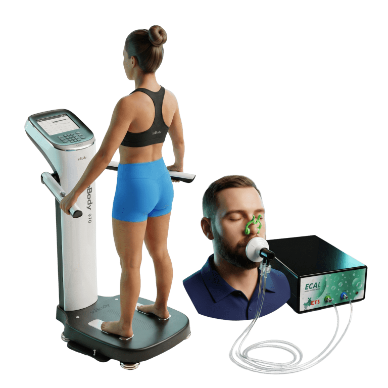 3D rendered icon of InBody 970 body composition scanner and ECAL metabolic testing device being used