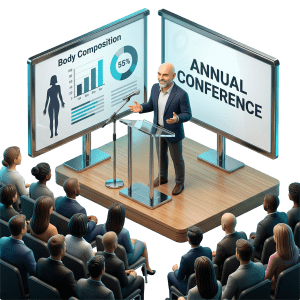 3D rendered scene of a presenter delivering a body composition education session to a seated audience of corporate professionals
