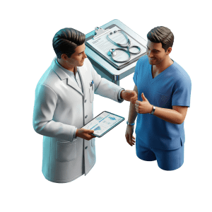 3D rendered scene of a medical professional reviewing a body composition report with a satisfied patient