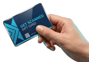 Hand holding a Get Scanned gift card showing premium navy and cyan design